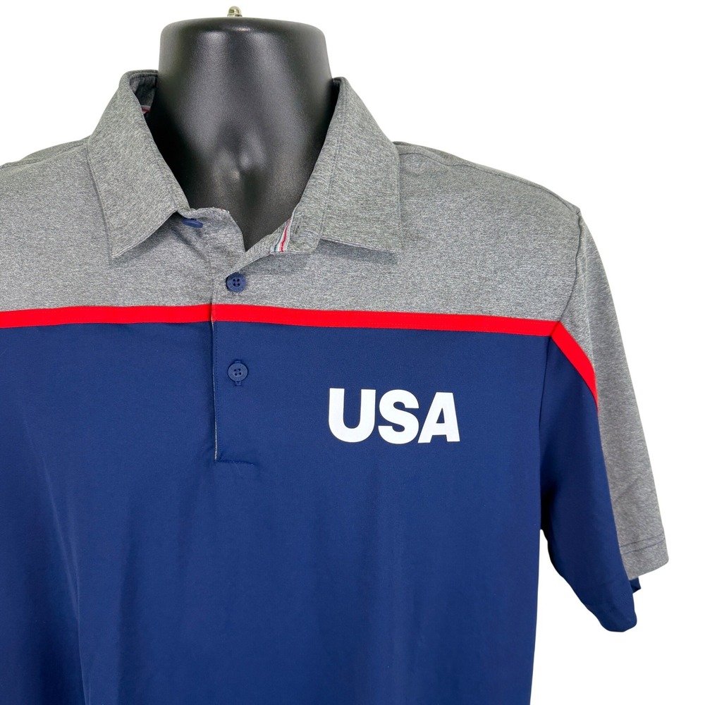 Adidas USA Golf Polo Mens Large Blue Grey Red FJ7884 UPF 50 NWT